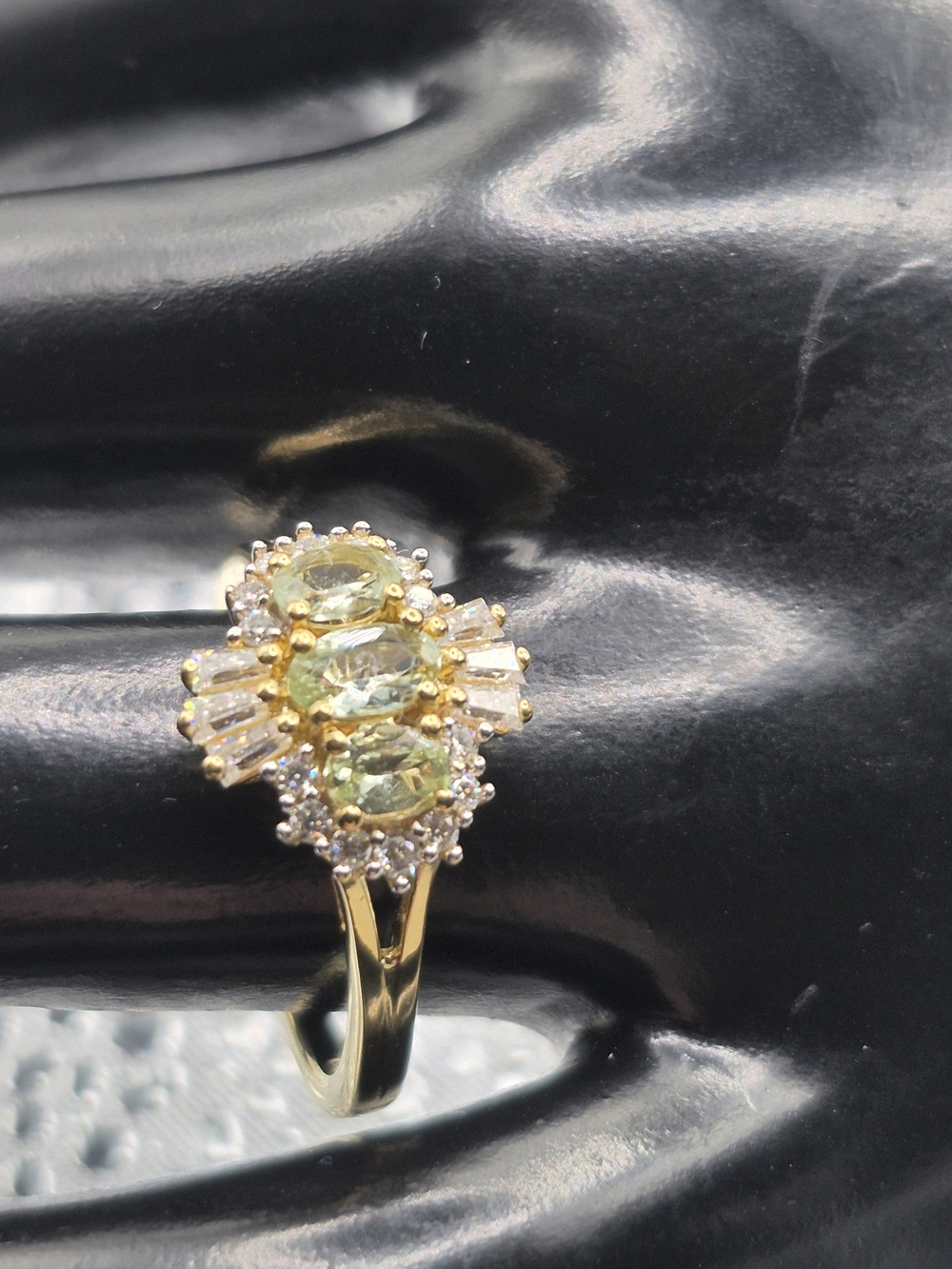 0Premium Tanzanian Mint Garnet And Sparkling Moissanite Three Stone Ring